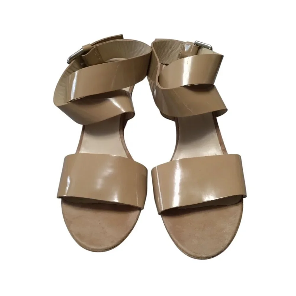 AGL Women's Eu 42/US 10 Tan Patent Leather Criss Cross Ankle Strap Wedge Sandals